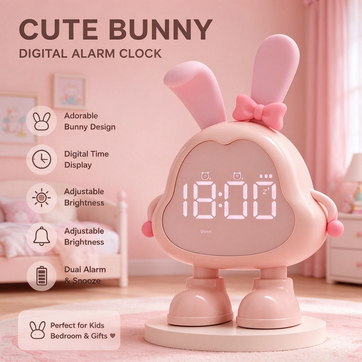 Cute Bunny Kids Digital Alarm Clock