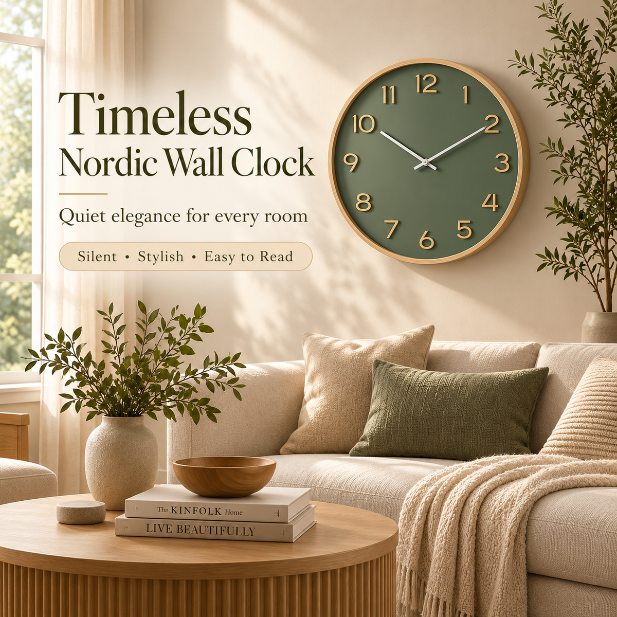 Nordic Sage Green Silent Wall Clock